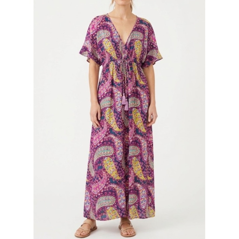 World Market Maxi Dress S/M Purple Paisley Boho Rayon Tassel Vacation Beach